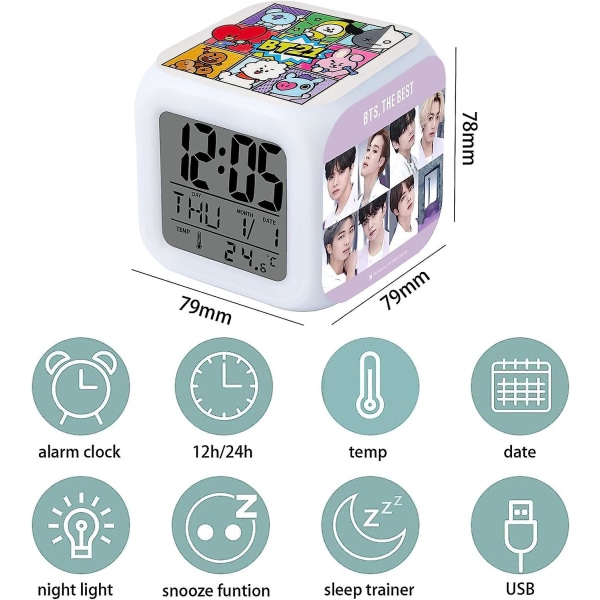 Färgglad LED digital väckarklocka, för Bts färg nattljusklocka för att väcka sömn, Lätt att ställa in 3-sidig mönstrad kub med termometer, varor
