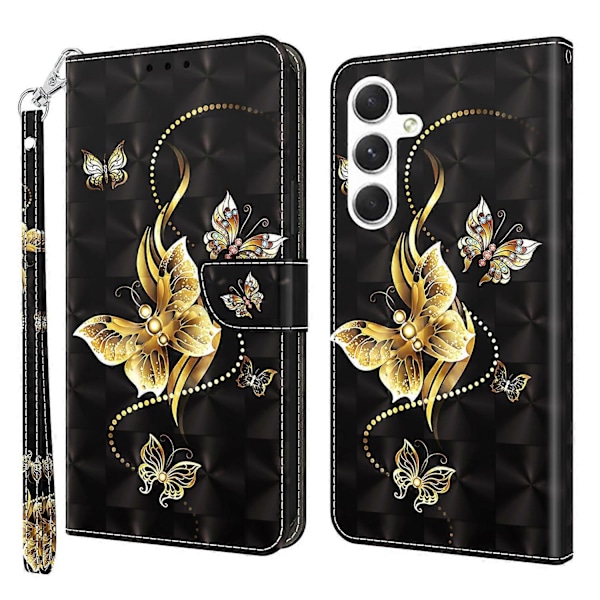 Samsung Galaxy A16 5G/A16 4G Kotelo Jalustalla Kuvio Painettu Nahkainen Puhelinkotelo - Seisova Kissa Multicolor Golden Butterfly