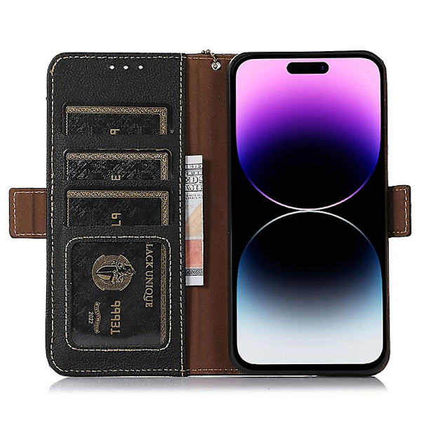 Stativ Phone case För Iphone 15 Pro Max, Läder Rfid Blockerande Plånbok Smartphone Cover Black