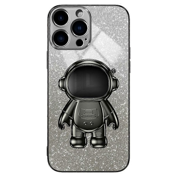 iPhone 16 Pro -kotelo astronautin jalustalla, PC+TPU-puhelinkuori, kiiltävä glitteri- Multicolor Black