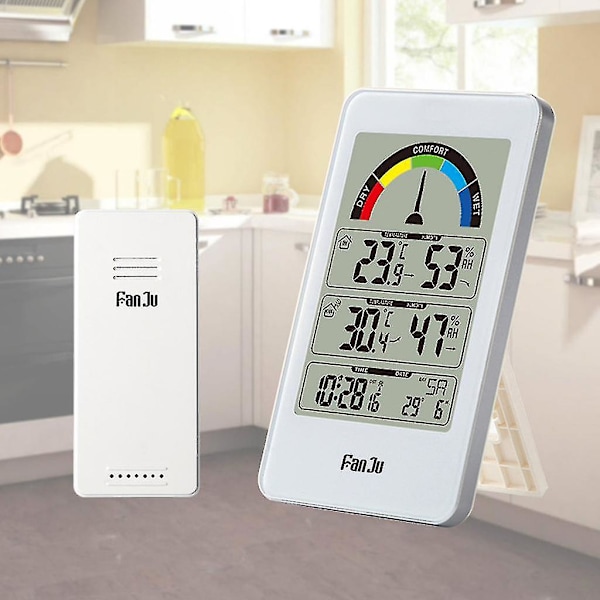 Digitalt Termometer Hygrometer Vejrstation Vægur Trådløs Sensor Alarm Komfortindikator Display Bordur