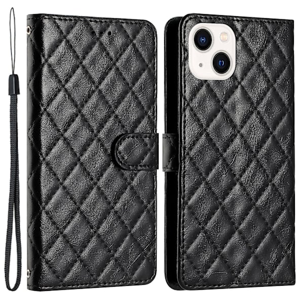 Rhombus Stitching Line Shell För Iphone 15, läderfodral Case Cover Black