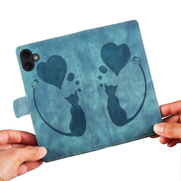 Til iPhone 16 Plus Cover Hjerte Kat Folde Stand PU Læder Telefon Cover - Grøn Multicolor Blue