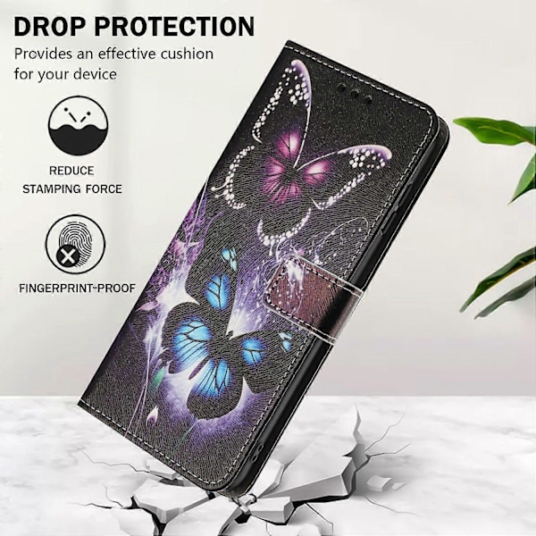 YX-2501 Plånboksfodral för iPhone 15 Plus/ 14 Plus Mönstertryck PU Läder Telefonskal med Snodd Multicolor Two Butterflies