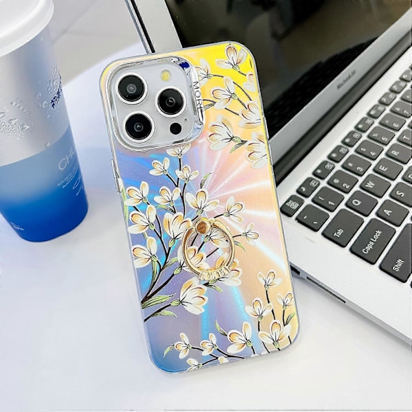Blommig Lasertextur Skal för iPhone 15 Pro Max med Ringstativ Multicolor Style P