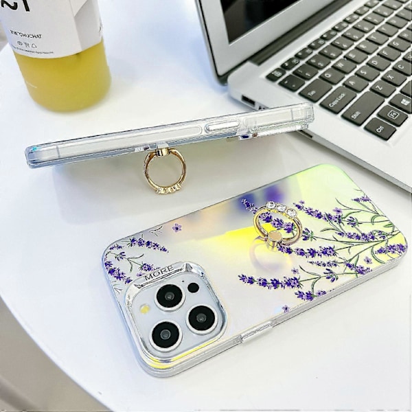 Blommig Lasertextur Skal för iPhone 15 Pro Max med Ringstativ Multicolor Style R