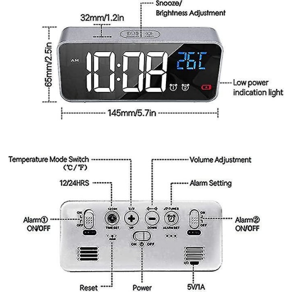 Digital väckarklocka, LED-väckarklocka med snooze-funktion, USB portar för laddning (silver)