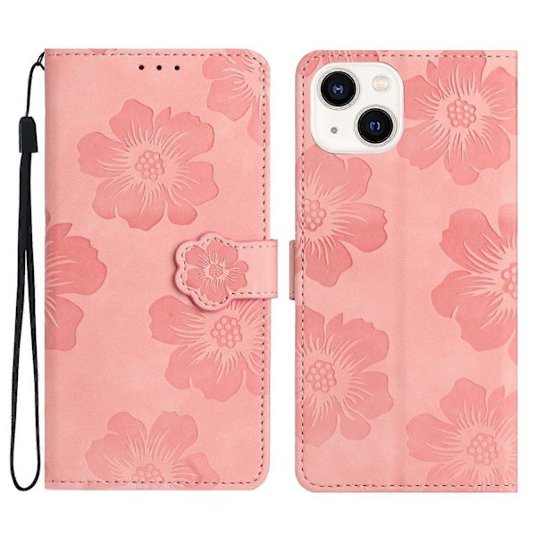 PU-læder telefonpung med blomsterprægning og flip-stativ til iPhone 14 Plus Multicolor Style C