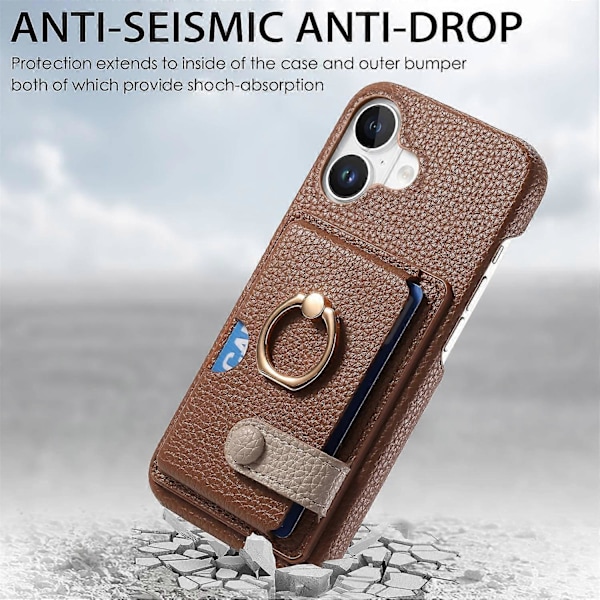 Y2 Fodral till iPhone 16 med Ringhållare, Ställ, Kortfack, Läder Skal - Date Apricot Multicolor Brown