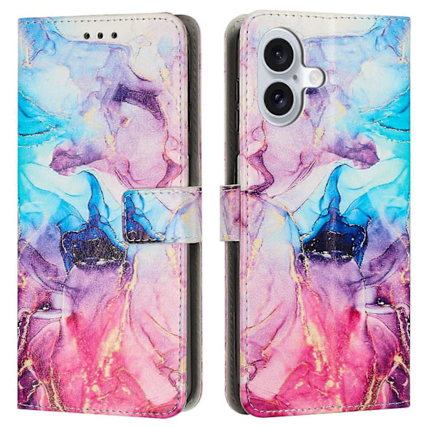 iPhone 16 -puhelimen marmorikuvioinen PU-nahkainen lompakkokotelo jalustalla ja rannehihnalla- Multicolor Pink/Purple