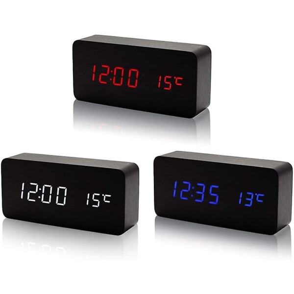 Digital Träklocka - Multifunktions LED-väckarklocka med tid/datum/temperaturdisplay och Voice Co