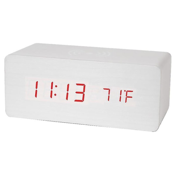 Trä Digital Väckarklocka Fm Radio,10w Snabb Trådlös Laddningsstation För Iphone/Samsung Galaxy,5 Level Dimmer, USB Laddningsport,2 Wake Up Sounds,bedr Red White