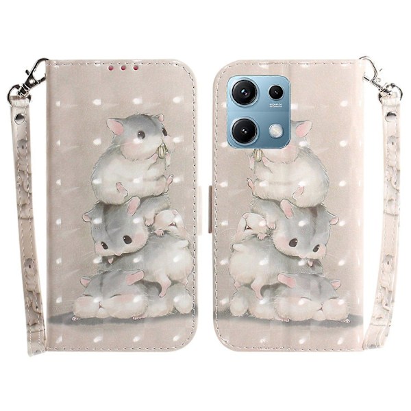 Til Xiaomi Redmi Note 14S 4G Etui Mønstertryk Læder Wallet Telefon Cover med Håndledsrem Multicolor Stacking Squirrels