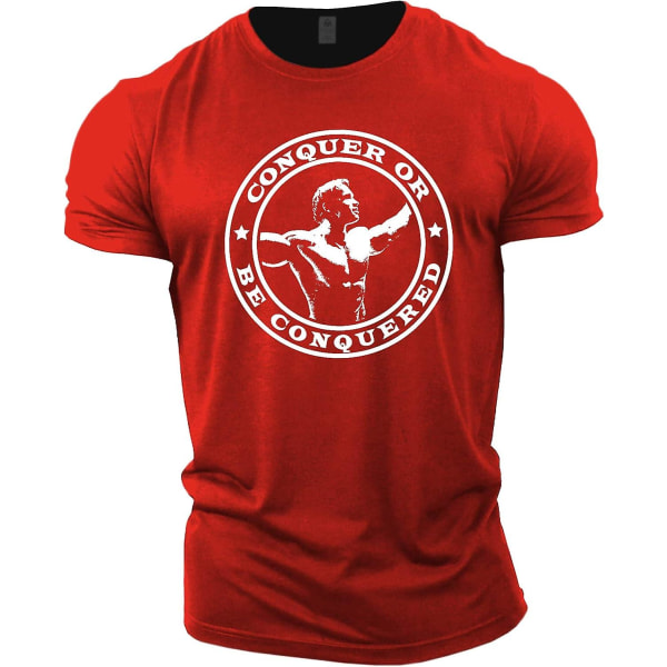 Gymtier Bodybuilding T-shirt för män - Arnold Schwarzenegger Conquer - Gym Training Top Red 3XL