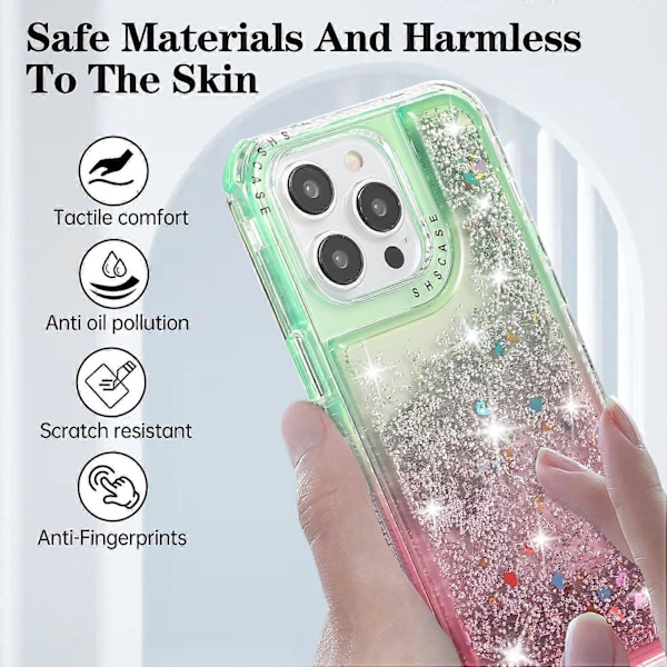 iPhone 13 Pro 6.1 tuuman puhelinkotelo TPU+PC pudotussuoja Gradient Liquid Quicksand -kuori Multicolor Green+Pink