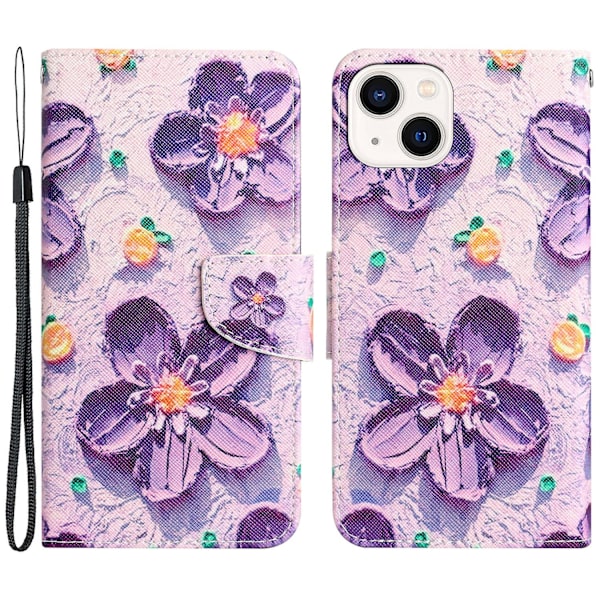 Til Iphone 15 Plus Folio Pu Læder Stand Wallet Case Mønster Print Telefon Cover Med Rem Purple Flower