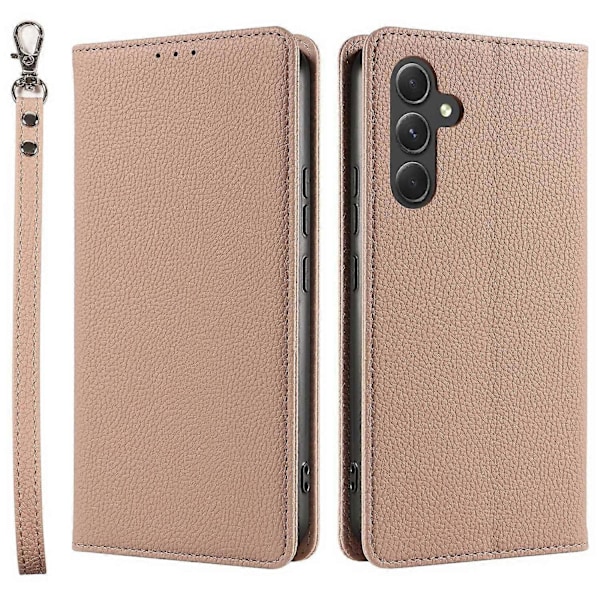 Til Samsung Galaxy A56 5G Etui Magnetisk Litchi Tekstur Tegnebog Læder Telefon Cover med Håndledsrem Multicolor Flesh Color
