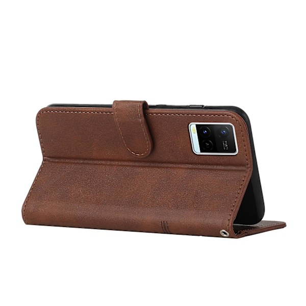 For Vivo Y33s / Y21s / Y21 Sammenleggbart Stativ Sydd Pu-Lærveske Stativ Magnetisk Lukking Støtsikker Flip Folio Bokdeksel Med Stropp Brown