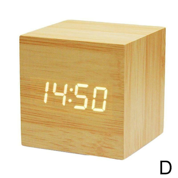 Træ Cube Led Alarm Stemmestyring Digitalt Skrivebord Sengelampe Ur Træ Hurtig Temperatur Beige