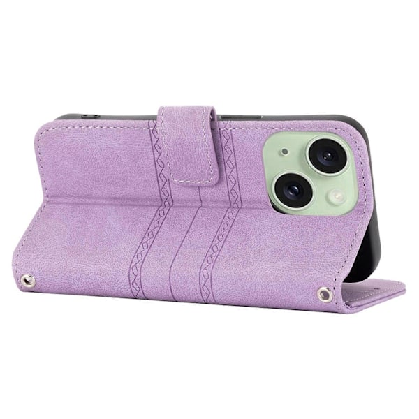 För iPhone 15 Plus Skal Präglat PU Läder Plånbok Anti-fall Telefonskydd med Rem Multicolor Style F