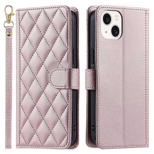 For iPhone 15 Plus Wallet Case PU Læder Cover Syning Rhombus Gitter Multicolor Rose Gold
