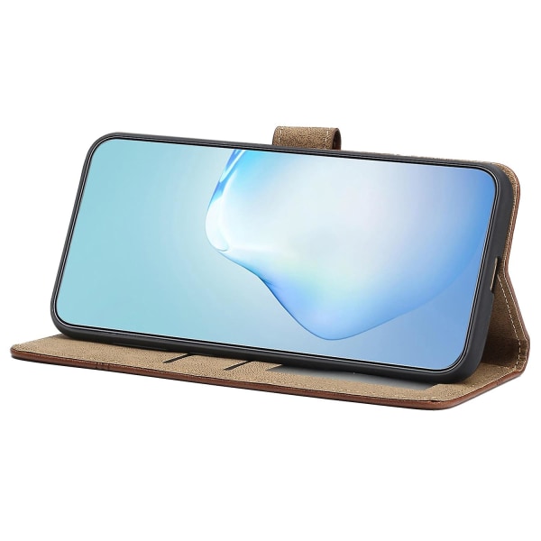 Læder Wallet Case til iPhone 15, Linje Præget Ko Læder Tekstur Stand Telefon Cover Coffee