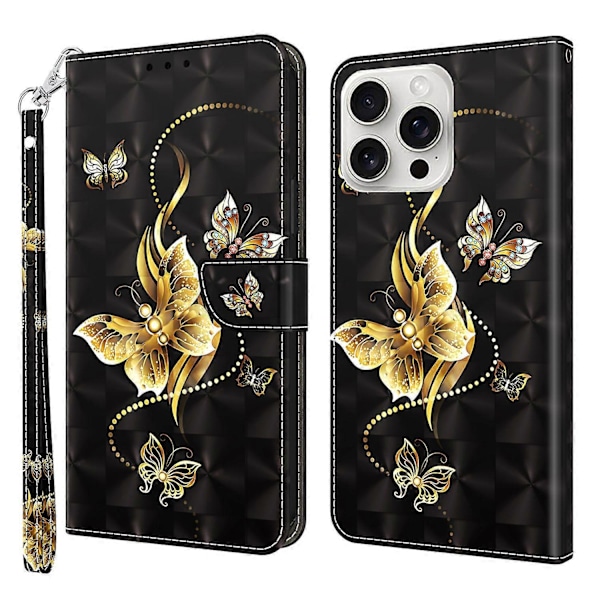 Til iPhone 16 Pro Etui Stativ Mønsterprint Læder Telefon Cover - Stående Kat Multicolor Golden Butterfly