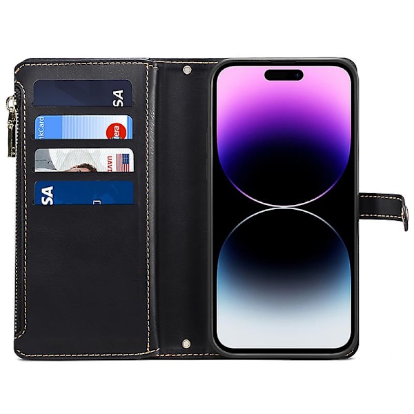 Rfid-blokerende telefoncover til Iphone 15 Pro Max, lynlåslomme Pu-læder Stand Wallet Cover Black