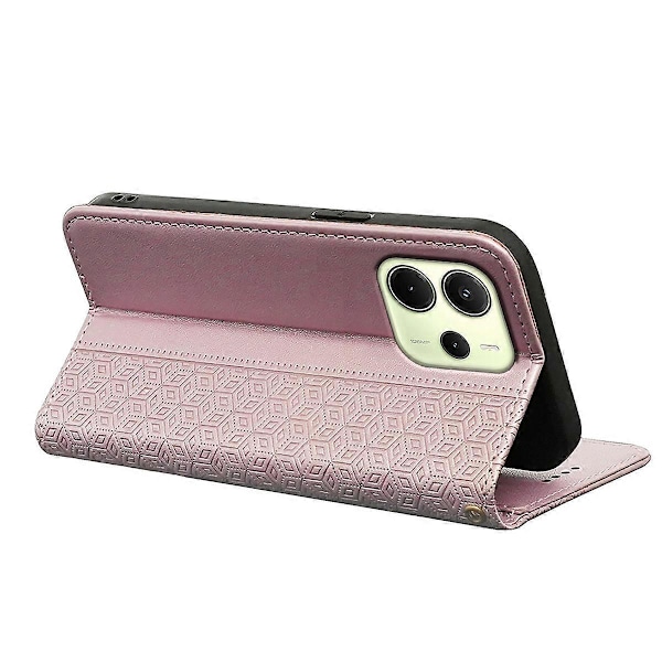 Plånboksfodral för Xiaomi Redmi Note 14 4G, Stark Magnetisk Rutigt Mönster Präglat Läder Flip Multicolor Rose Gold
