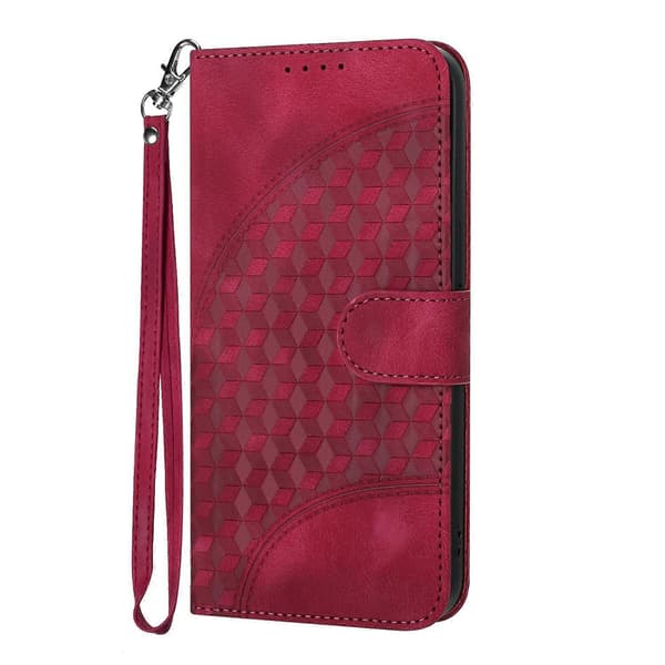 Lærveske til iPhone 17 Pro Max med håndleddsstropp, diamantmønster og lommebok Multicolor Rose Red