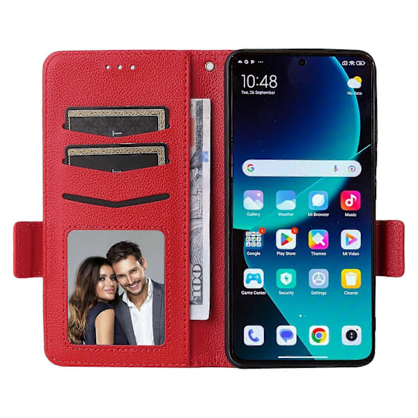 Til Xiaomi 14T Pro Etui Litchi Tekstur PU Læder Wallet Flip Telefon Cover - Grå Multicolor Red