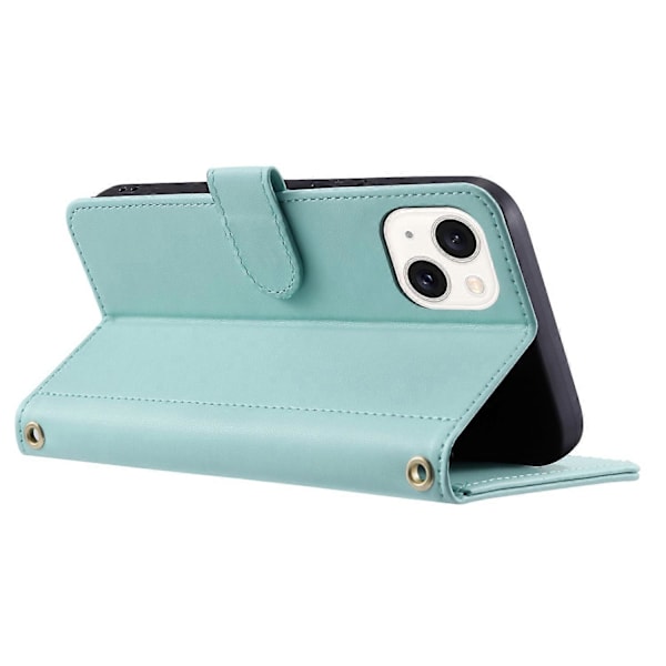 For iPhone 15 Plus Wallet Case PU Læder Cover Syning Rhombus Gitter Multicolor Mint Green