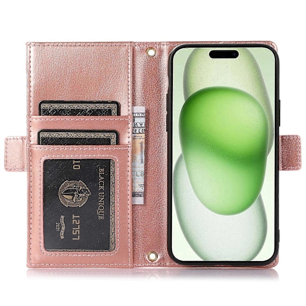 Fodral till iPhone 15 Plus med dragkedjeficka, PU-läder med litchistruktur och rem Multicolor Style A