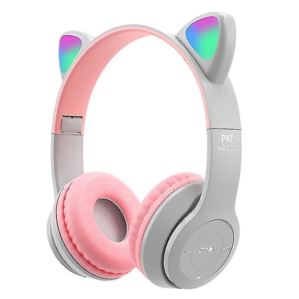 Cartoon Cat Ears Rgb Luminous Bluetooth Headset, Foldable Grey