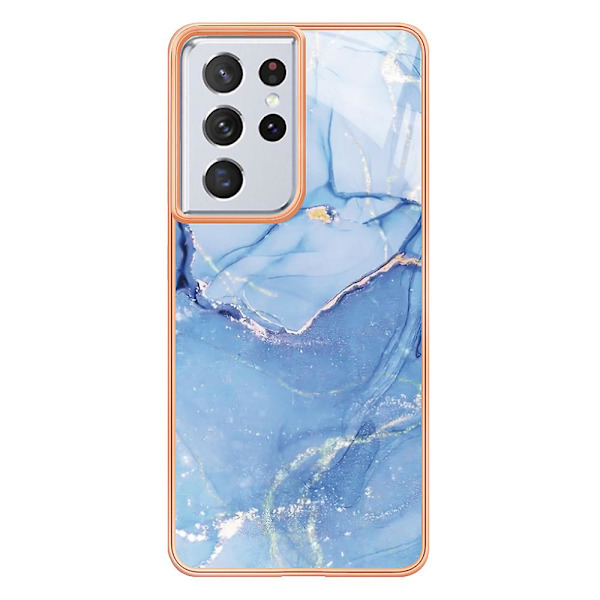 Skyddande phone case för Samsung Galaxy S21 Ultra 5g Yb Imd Series-16 Style E 2.0mm Imd Marmormönster Galvaniseringsram Tpu cover Blue