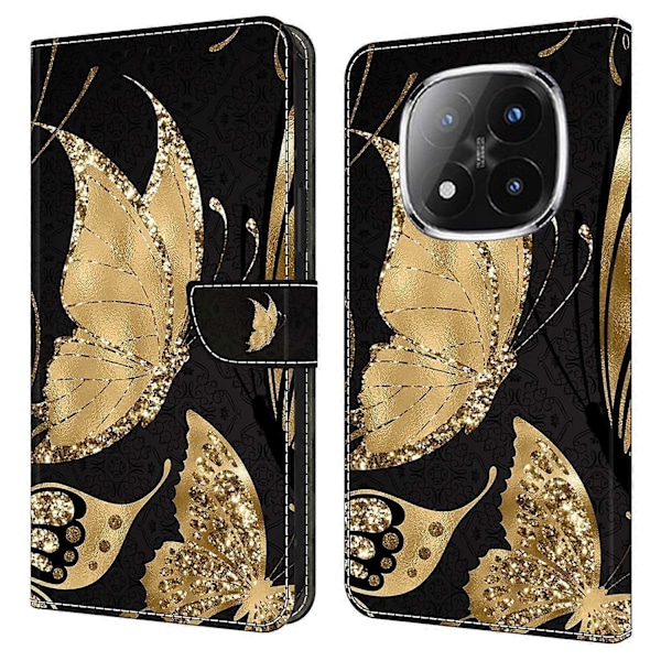 Xiaomi Redmi Note 14 Pro+ 5G -kotelo, magneettilukko, 3D-kuvioitu nahkalompakko puhelinkotelo Multicolor Golden Butterfly