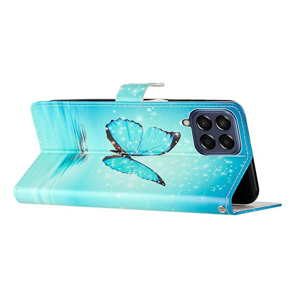 Stötsäkert cover för Samsung Galaxy M53 5g, mönsterutskrift Pu läder phone case Stativ plånbok med rem Blue Butterfly