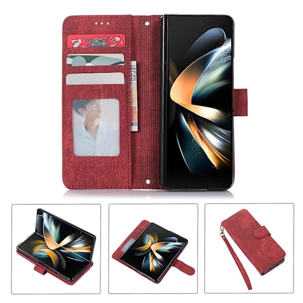 Samsung Galaxy Z Fold5 5G PU-nahka+PC Lompakkokotelo Jalustalla, Pehmeä Suojakuori Red