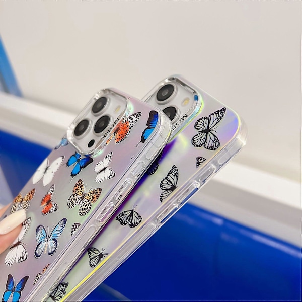 Laser sommerfuglemønster anti-ridse TPU+PC telefoncover til iPhone 15 Pro Max Multicolor Style C