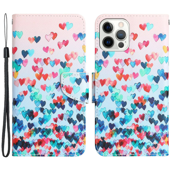 För Iphone 15 Pro Pu Cover Mönster Utskrift Flip Wallet Phone case med rem Love Heart