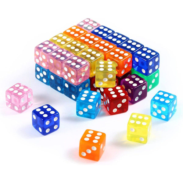 Nya 40 stycken färgglada tärningar (6-sidig, 16 mm) genomskinlig set för spel