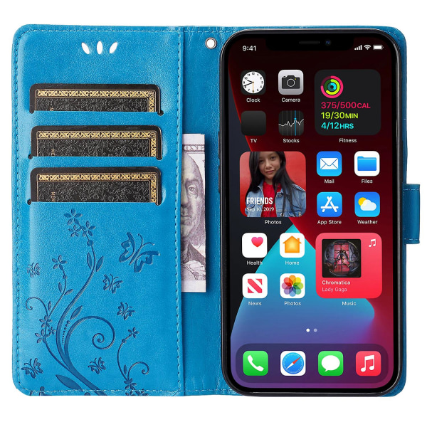 För Iphone 15 Plus Pu Läder Cover Phone case Imprinted Butterflies Shell Stand with rem Blue