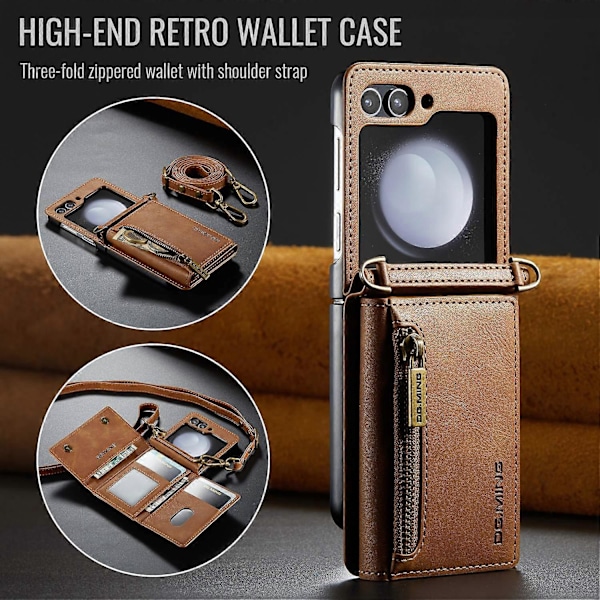 DG.MING M5 Serie til Samsung Galaxy Z Flip6 5G Etui RFID-blokering Kortpladser PU+PC Telefoncover Multicolor Brown