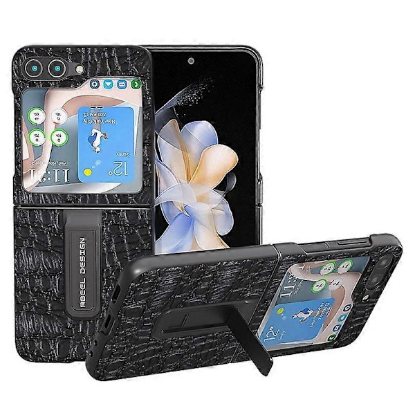 Til Samsung Galaxy Z Flip5 5G Støtteben Bagcover Ægte Koskindslæder+PC Baldakin Tekstur Telefoncover Multicolor Style D