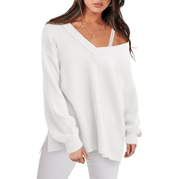 Dam långärmad skjorta V-ringad off-shulder Oversized stickad tröja lös hög låg höst tunika toppar White Medium