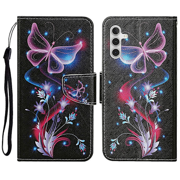 Samsung Galaxy A26 5G/A16 4G -kotelo, kuvioitu, suojaava nahkainen folio-puhelinkotelo Multicolor Glowing Butterfly