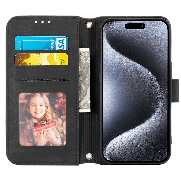 For iPhone 15 Pro Max Deksel Preget Lær Stativ Støtsikkert Telefondeksel med Stropp Multicolor Style C