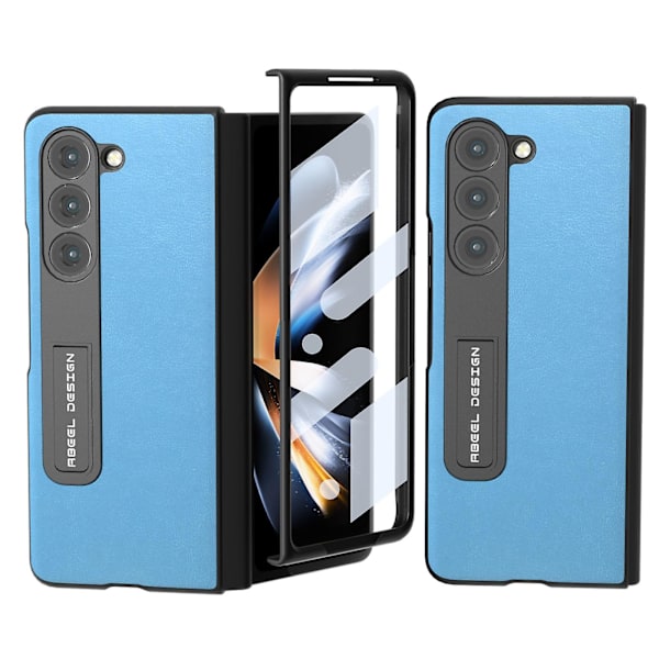 Til Samsung Galaxy Z Fold5 5g Tekstureret Pu Læderbelagt Pc Etui Støtteben Foldbart Telefoncover Sky Blue