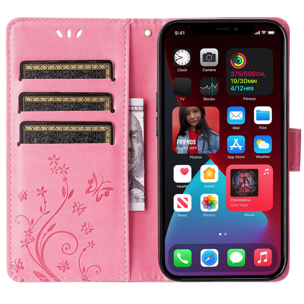 För Iphone 15 Plus Pu Läder Cover Phone case Imprinted Butterflies Shell Stand with rem Pink