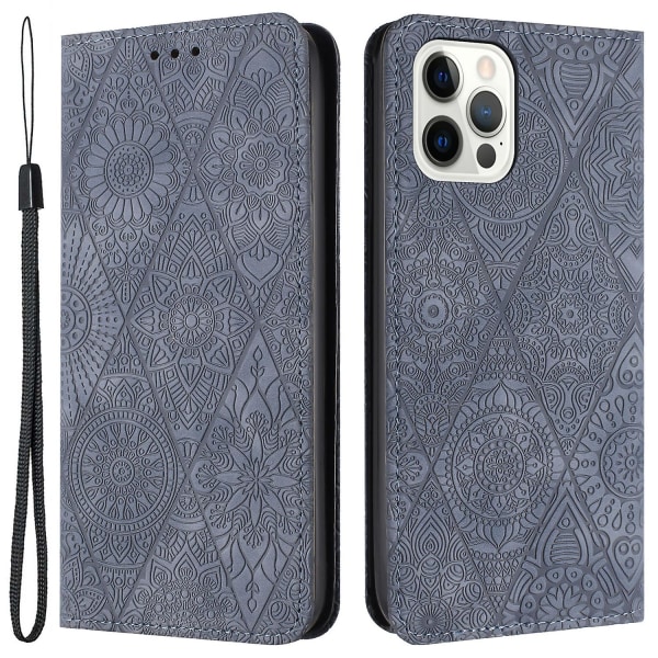 Case För Iphone 15 Pro Max Pu Läder Retro Flower Imprnted Stand Cover Grey